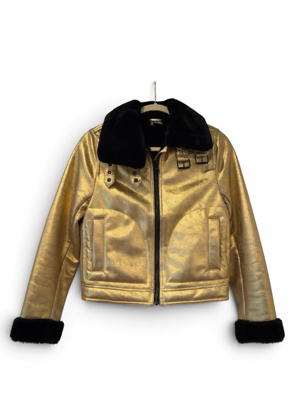 H&M Gold Metallic Faux Shearling Aviator Moto Jacket Black Fur Women’s